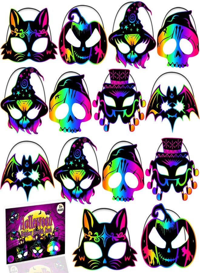 JMUQ Halloween Crafts Scratch Mask for Kids, 36Pcs Halloween Games Scratch Art Craft Kit Rainbow Paper for Party Favors Supplies Classroom Favors Activities - Image 1
